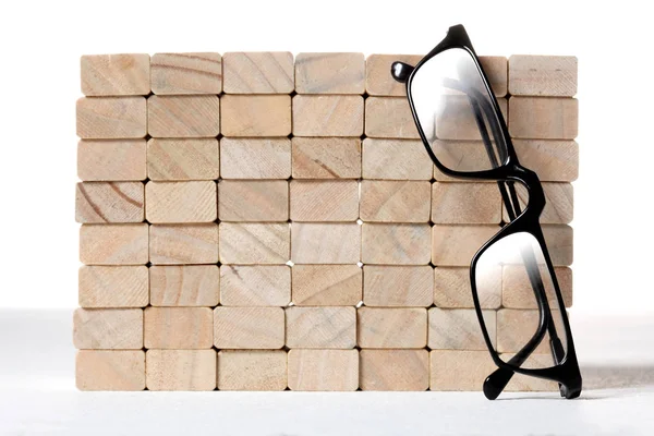 Wooden Blocks Wall Pair Reading Glasses — 스톡 사진