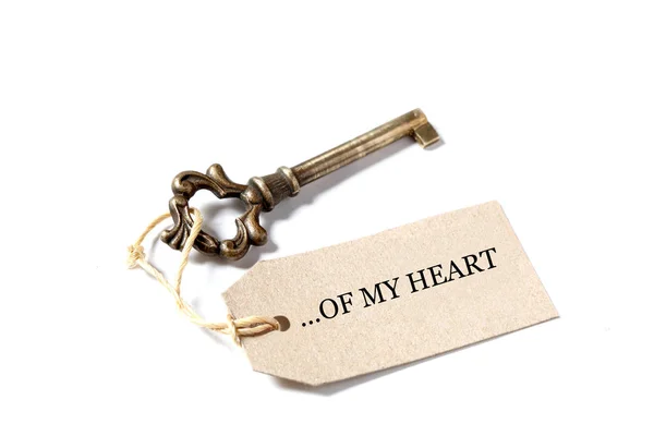 Old Antique Key Label Words Heart Isolated White Background Copy — Stock Photo, Image