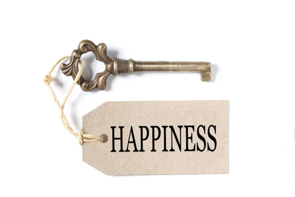 Alte Antike Schlüssel Ein Etikett Mit Dem Wort Glück Isoliert — Stockfoto