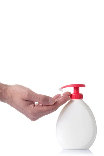 Mano Dell Uomo Utilizzando Dispenser Sapone Isdolato Sfondo Bianco Percorso — Foto Stock