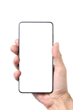 erkek adam tutma ve beyaz arka plan üzerinde el etrafında kırpma yolu ile izole boş akıllı telefon gösteren ve metin için kopyalama alanı ile ekran