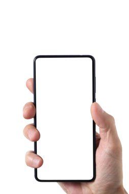 erkek adam tutma ve beyaz arka plan üzerinde el etrafında kırpma yolu ile izole boş akıllı telefon gösteren ve metin için kopyalama alanı ile ekran