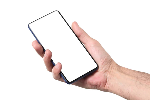 erkek adam tutma ve beyaz arka plan üzerinde el etrafında kırpma yolu ile izole boş akıllı telefon gösteren ve metin için kopyalama alanı ile ekran