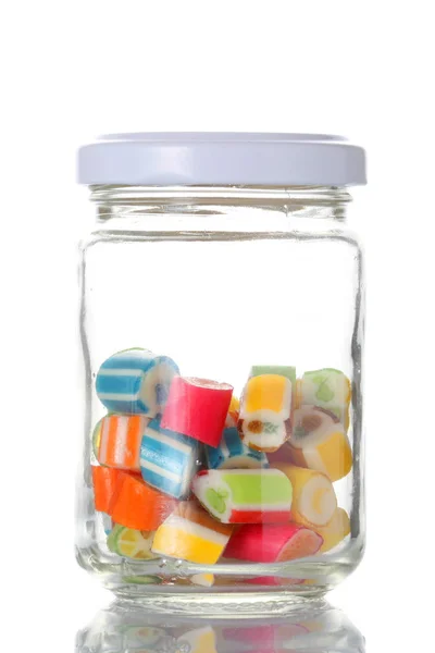 Glass Jar Half Full Colored Candies Isolated White Background Clipping — Stock Photo, Image