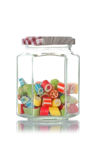 Glass Jar Half Full Colored Candies Isolated White Background Clipping — Stock Photo, Image