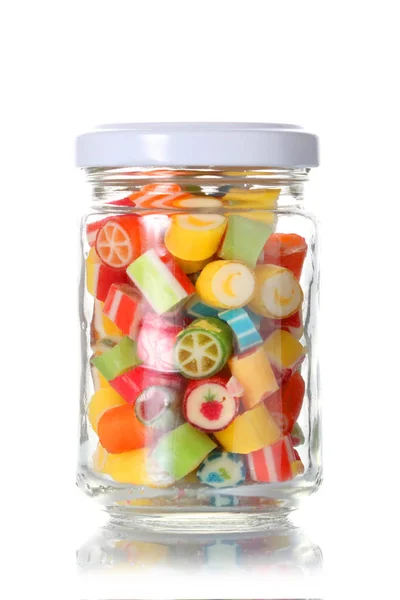 Glass Jar Half Full Colored Candies Copy Space Isolated White — Stock Photo, Image