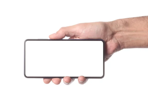 Muž Který Drží Zobrazuje Prázdný Inteligentní Telefon Izolovaný Bílém Pozadí — Stock fotografie