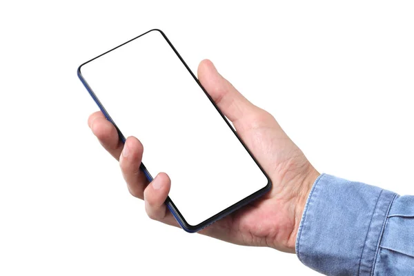 Homem Masculino Segurando Mostrando Telefone Inteligente Branco Isolado Fundo Branco — Fotografia de Stock