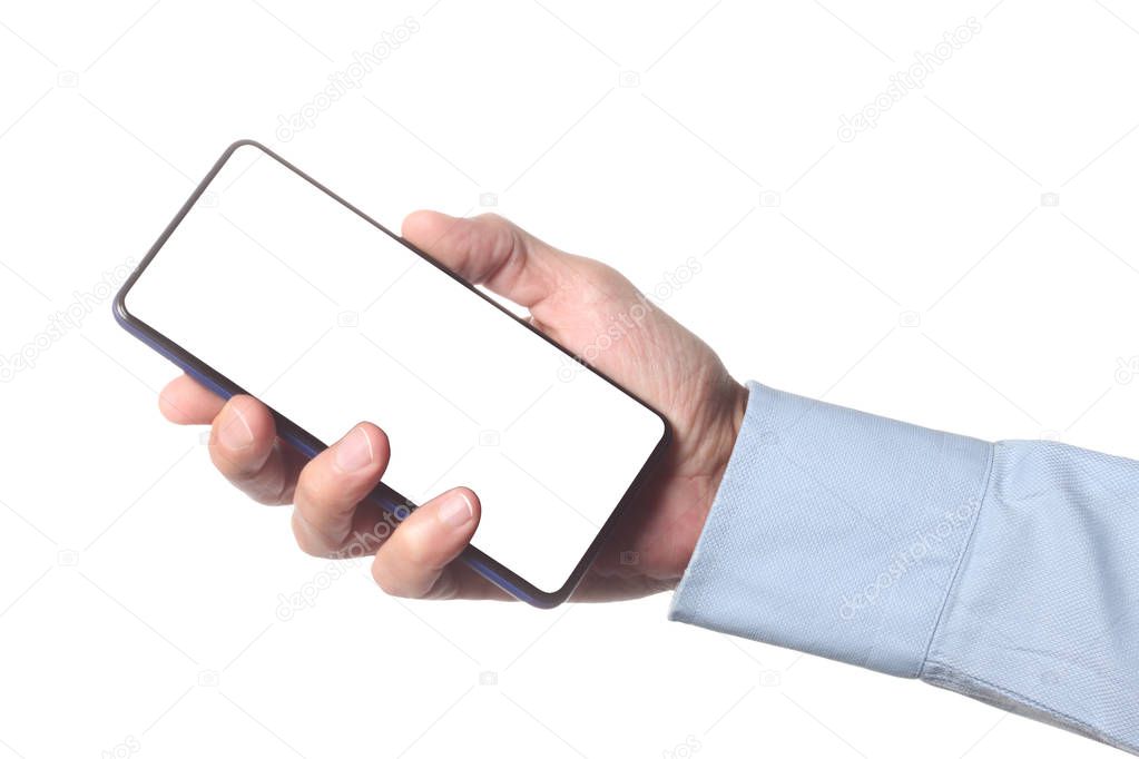 male man holding and showing  blank smart phone isolated  on white background  with clipping path around hand and display with copy space for your text