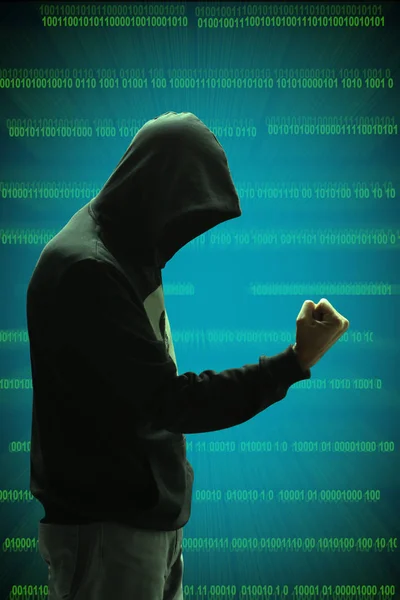 Черный Хакер Капюшоном Стоящий Двоичными Кодами Прозрачности — стоковое фото