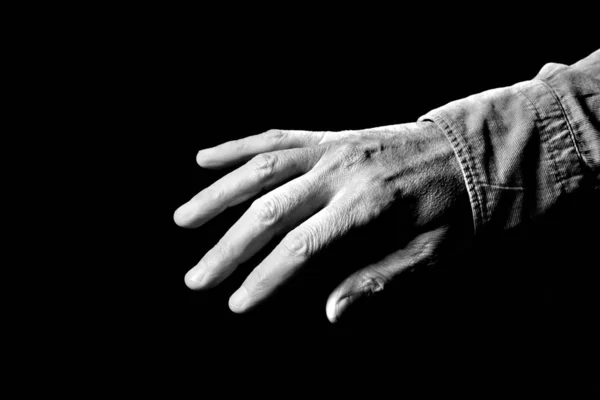 Open Male Hand Isolated Black Background Copy Space Your Text — Stock Photo, Image