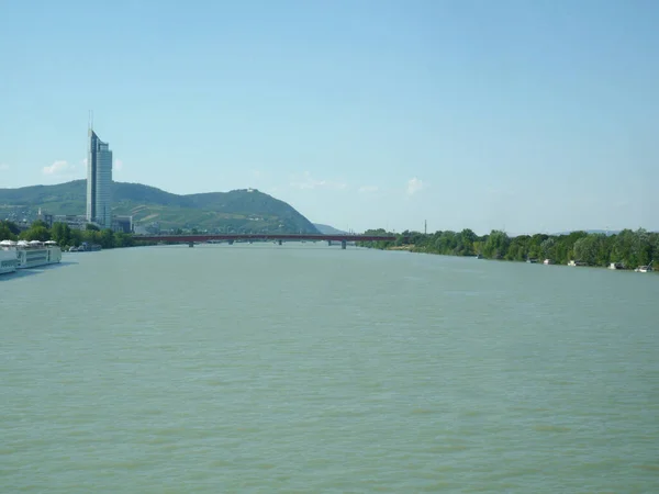 Österreich Wien Donau August 2019 Blick Von Der Brücke Auf — Stockfoto