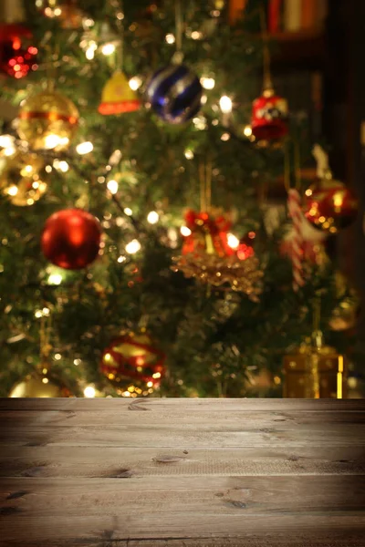 Різдвяний Фон Порожній Дерев Яний Стіл Передньому Плані Поза Фокусом Ліцензійні Стокові Фото