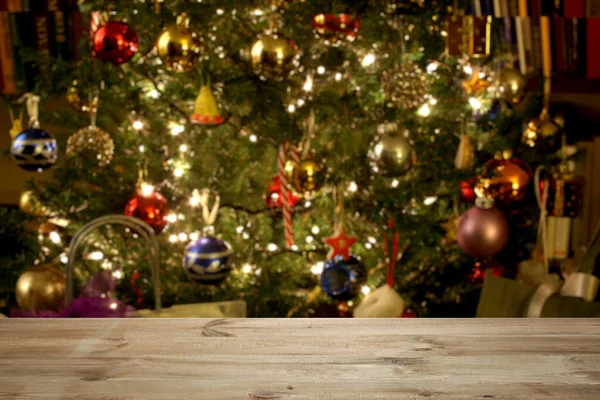 Різдвяний Фон Порожній Дерев Яний Стіл Передньому Плані Поза Фокусом Ліцензійні Стокові Фото