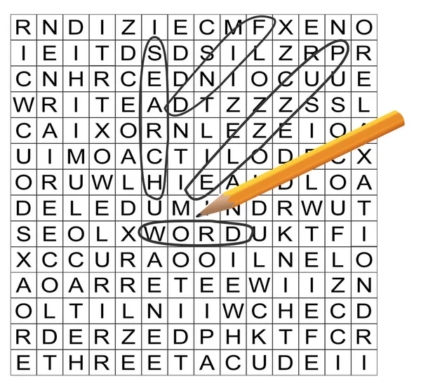 Vector palabra búsqueda rompecabezas cuadrícula parte completada con palabras en círculo y un lápiz — Vector de stock