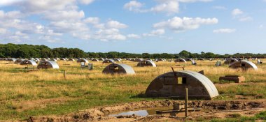 Bir çiftlikte açık havada sağlıklı bir şekilde yetiştirilen domuzlar için bir barınak alanı.