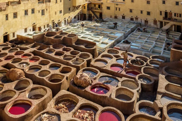 Fès, Fas-24 Ekim 2017: Fes Morocco 'da Chouara Tannery 'de çalışan Insanlar