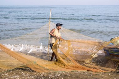 Negombo, Sri Lanka - 25 Şubat 2019: Negombo'daki plaj balık pazarında çalışan balıkçı