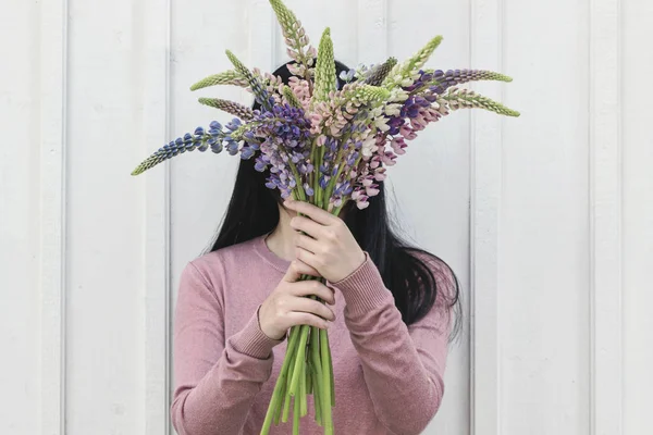 Woman Hold Lupin Flower Bouquet Hand — Stock Photo, Image