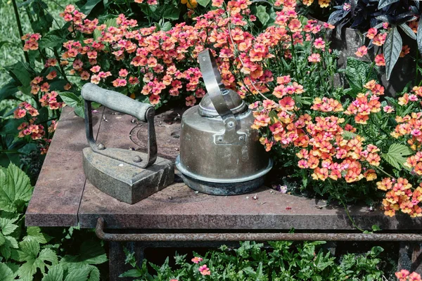 Vieux Pot Métal Décoration Sur Table Dans Jardin — Photo