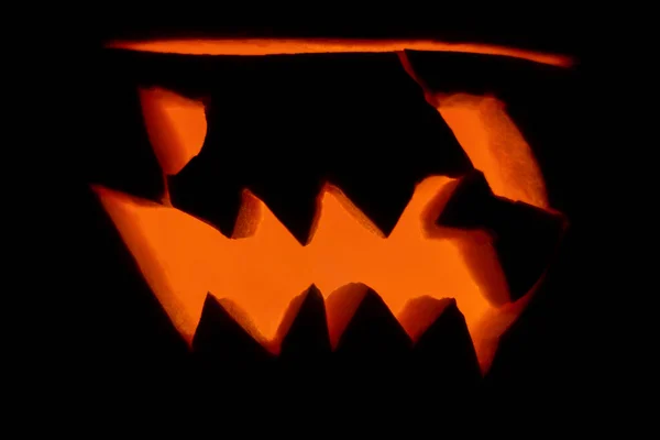 Evil Glowing Lantern Jack Carved Pumpkin Holiday Halloween Close Dark — Stock Photo, Image