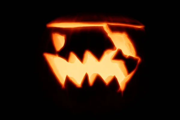 Glowing Pumpkin Halloween Scary Crooked Smile Night Dark Close Burning — Stock Photo, Image