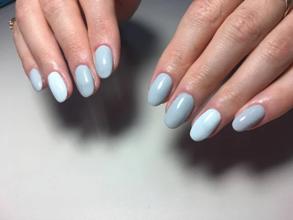 Fashionable Gray Manicure Blue Design Pattern Oval Nails — Stock Photo, Image