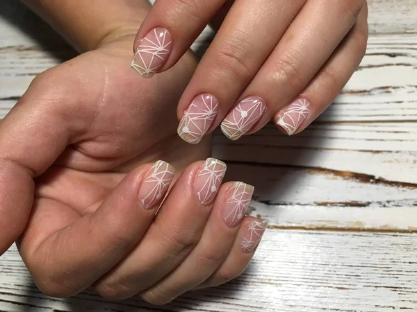 Modieuze Witte Ontwerp Stempelen Transparante Nagels — Stockfoto