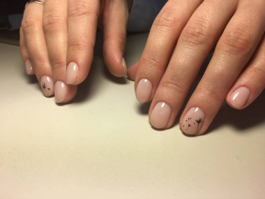 uzun tırnaklar üzerinde siyah dandelions ile hassas bej manikür