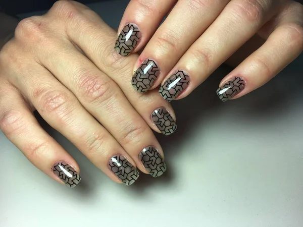 Manicura Negra Otoño Moda Con Diseño Vidrieras — Foto de Stock