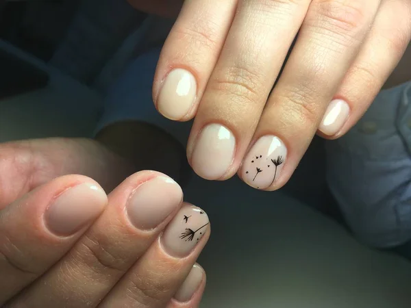 Delicate Beige Manicure Met Zwarte Paardebloemen Lange Nagels — Stockfoto
