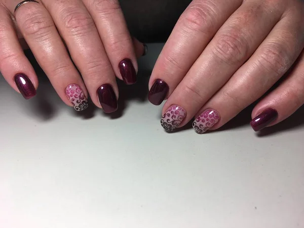 Manicura Moda Color Marsala Con Diseño Degradado Negro —  Fotos de Stock