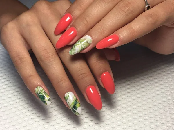 Manucure corail mode avec design feuille verte sur ongles longs — Photo