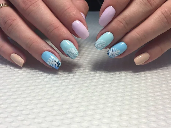 Trendy blue manicure with pink foil,Mirror glitter