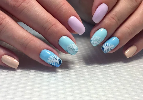 Trendy blue manicure with pink foil,Mirror glitter