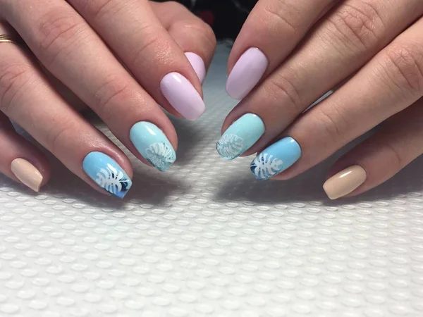 Trendy blue manicure with pink foil,Mirror glitter