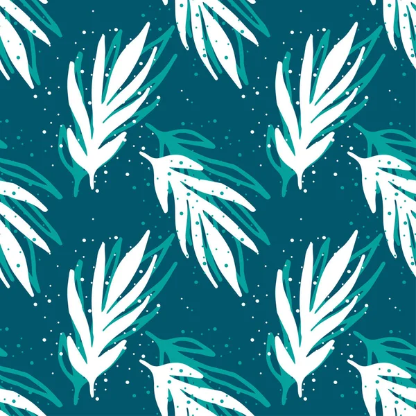 Elegante patrón sin costura de ramas con hojas blancas en azul b — Archivo Imágenes Vectoriales