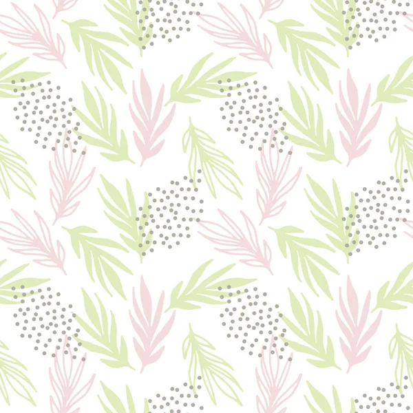 Pastell nahtlose Muster aus grünen und rosa Blättern mit Punkten auf wh — Stockvektor