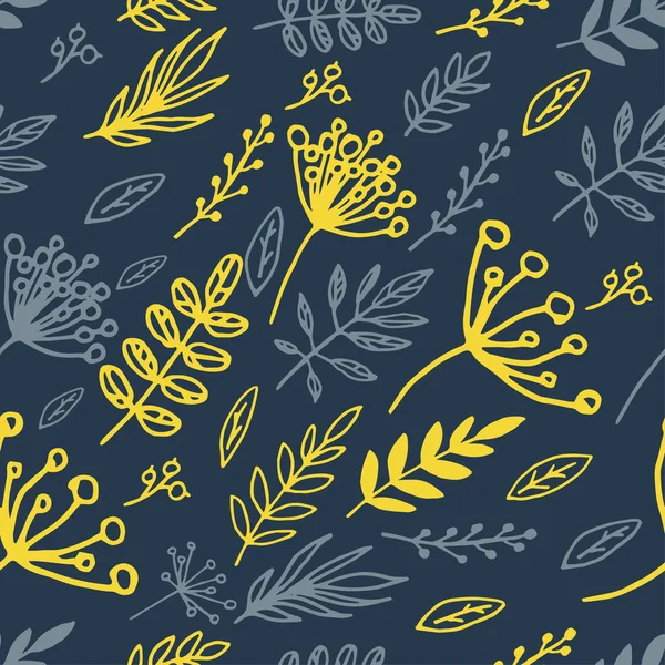 Patrón sin costura azul oscuro de ramas amarillas, hojas y berrie — Archivo Imágenes Vectoriales