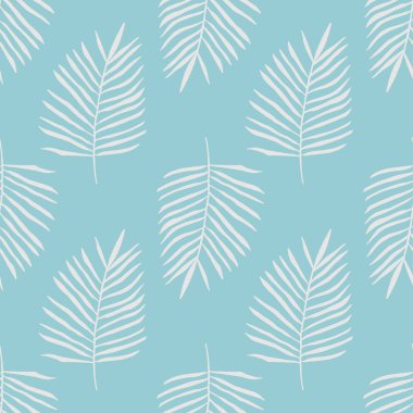 Mavi arka plan üzerinde beyaz palmiye dalı Dikişsiz sonsuz desen