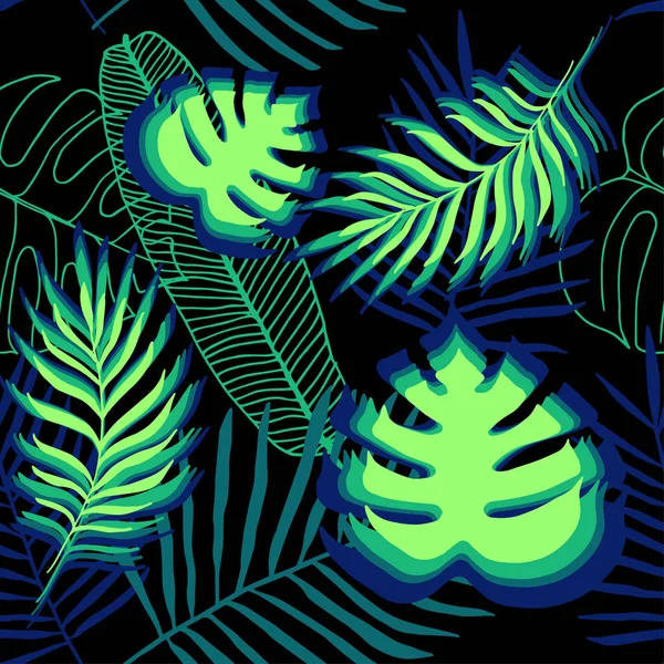 Nahtlose dunkle Muster aus tropischen Palmen, Bananen und Monstera-Blättern — Stockvektor