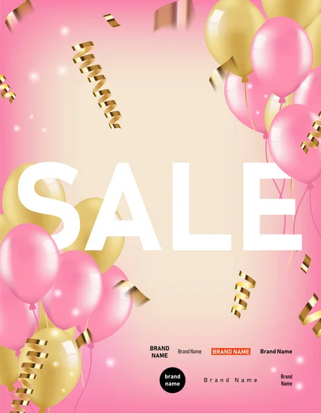 Banner de venda vertical com rosa, balões de ouro e fita de confete — Vetor de Stock