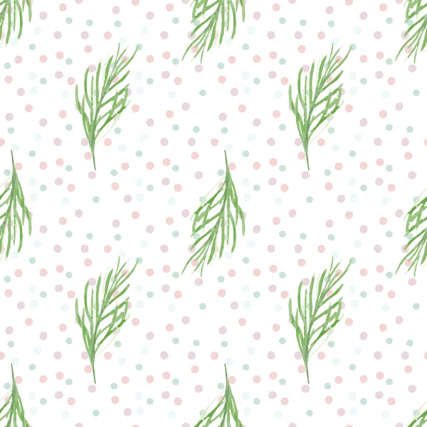 Vector seamless pattern of green pine branch and round confetti — Stock Vector