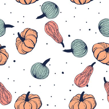 Nokta ile kabaklar el çizilmiş dikişsiz desen. Sonbahar vektörü