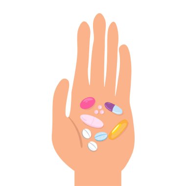 Kişinin avuç içi üzerinde meds Çeşitli, karikatür vektör illüstrasyon.