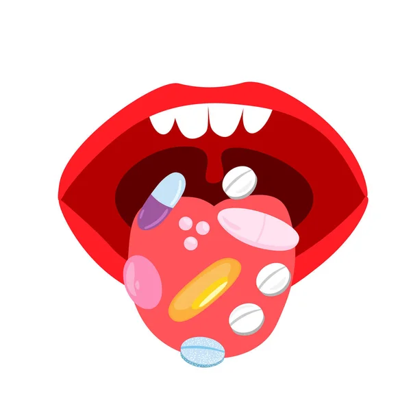 Cartoon open mouth with pills and tablets. — Stock Vector