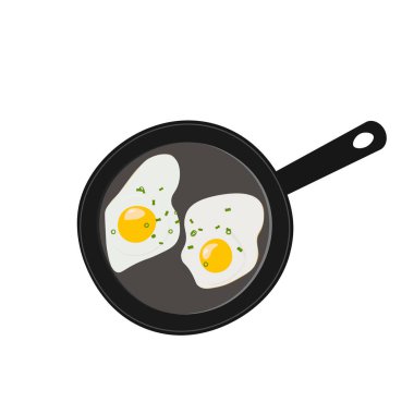 Tavada yeşil soğanlı kızarmış yumurta, vektör illüstrasyon..