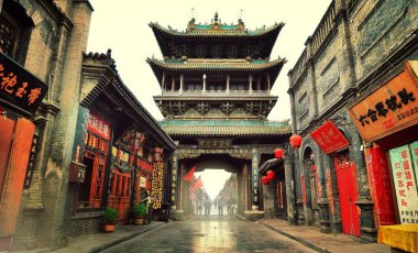 Pingyao, China - May 19, 2017: The decoration of red lampions on the streets of Pingyao Ancient Town China. clipart