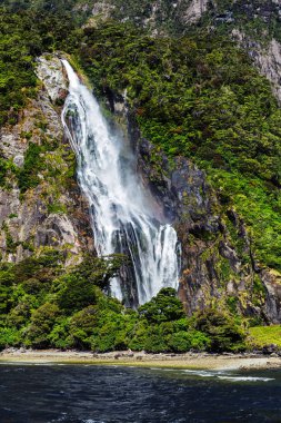 Milford ses, Yeni Zelanda, resimdeki alınan yüksek şelale cruise feribot