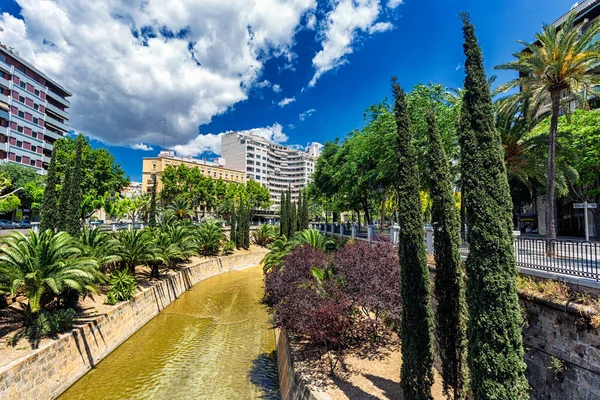 River with brown water surrounded by colorful trees and plants in the center of Palma de Mallorca, Spain